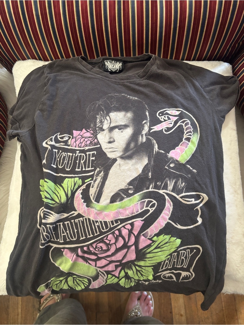 Ripple Junction Black Short Sleeve Tee with Pink & Green Graphic Portrait